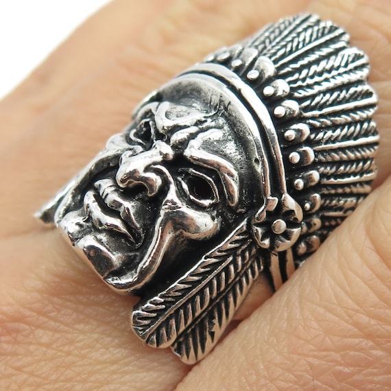 925 Sterling Silver Vintage Indian Chief Tribal Statement Ring