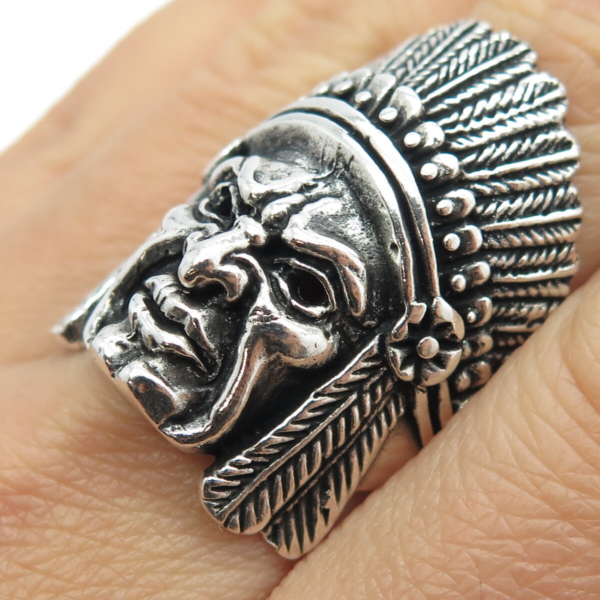 925 Sterling Silver Vintage Indian Chief Tribal Statement Ring