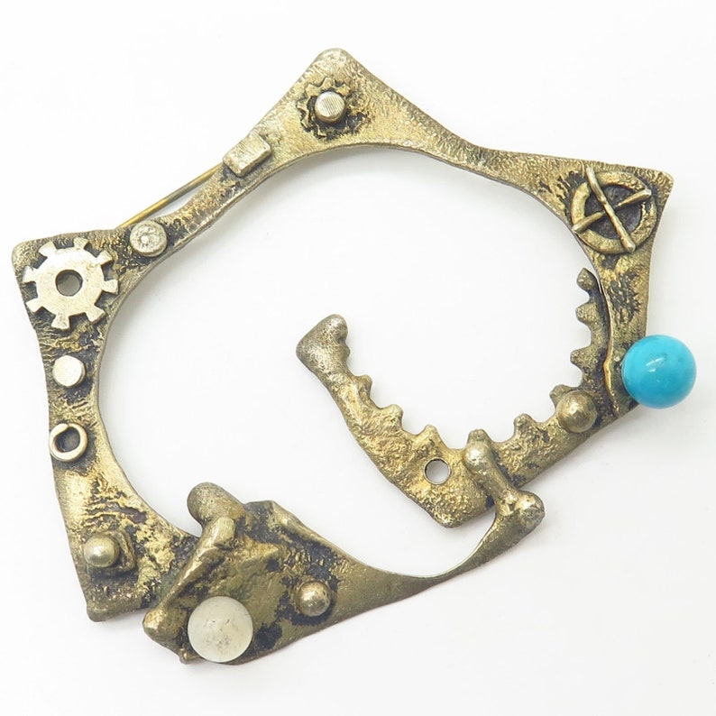 Vtg Sterling Silver Gold Plated MOP and Turquoise Bead Modernist Design Pin Brooch