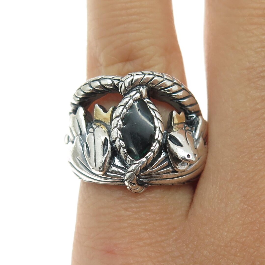 Simulated Black Onyx Snake Coil Knot Ring - Sterling Silver Band, Sizes 6 To 10