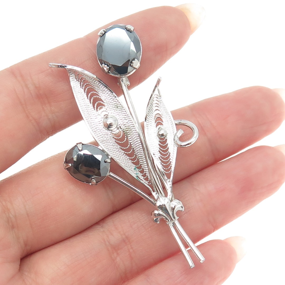 SORRENTO 925 Sterling Silver Antique Real Hematite Gem Floral