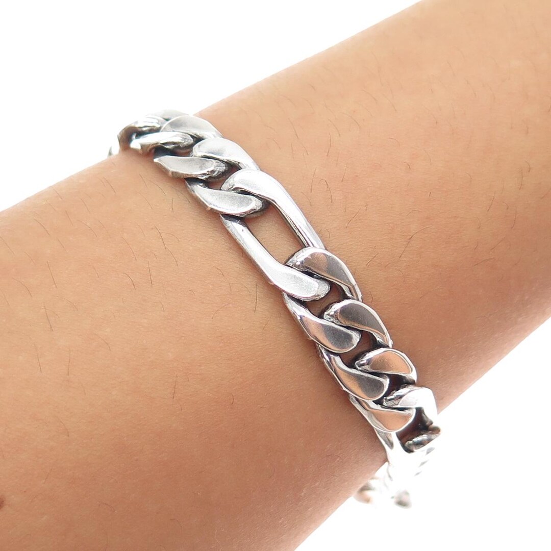 925 Sterling Silver Vintage Mexico Figaro Link Oxidized Bracelet 8
