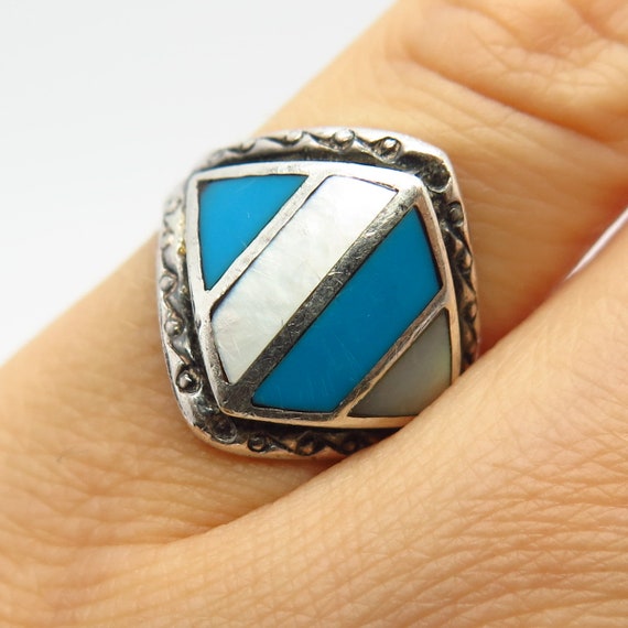 925 Sterling Silver Real Turquoise Gem and Mother… - image 1