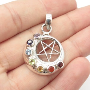 925 Sterling Silver Vintage Multi-Color Gem Crescent Moon and Star Pendant