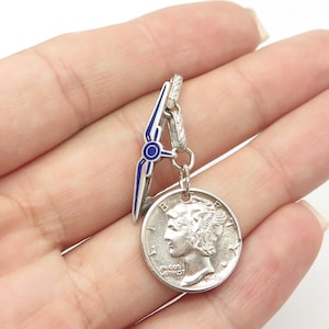 925 Sterling Silver Antique Art Deco Enamel &quot;Liberty 1 Dime&quot; Coin Pin Brooch