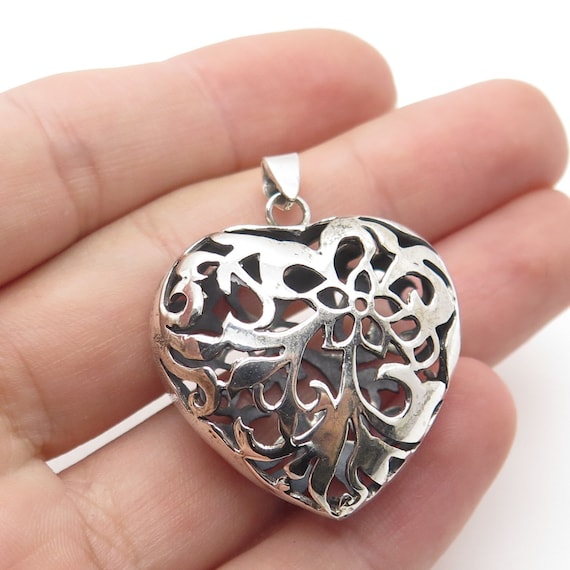 925 Sterling Silver Vintage Ornate Puffy Heart 3D… - image 1