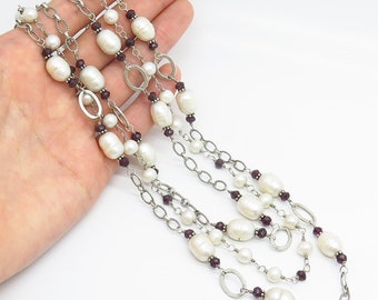 925 Sterling Baroque Pearl and Rhodolite Garnet Gem Triple Strand Necklace 16"