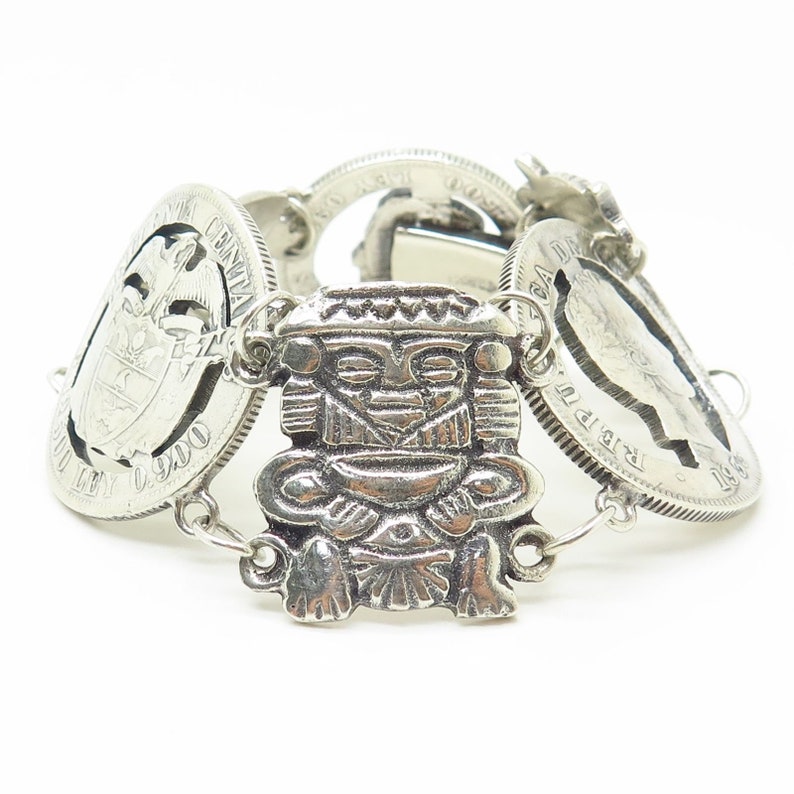 Vtg 900 Silver Colombia Coin Cutout Design and Tribal Theme Wide Link Bracelet 7