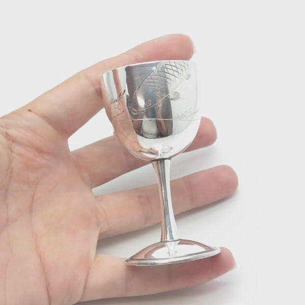 925 Sterling Silver Antique China Export Engraved Koi Fish Handmade Liquor Cup