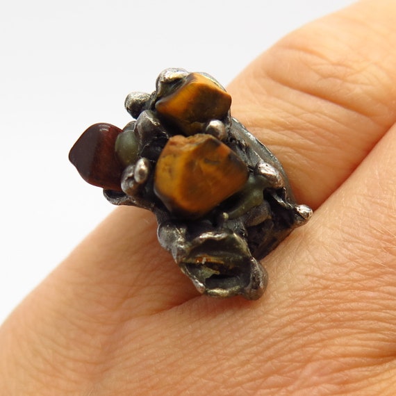 925 Sterling Silver Real Tiger Eye Gem Brutalist … - image 1