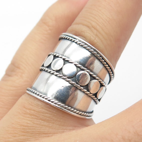 925 Sterling Silver Vintage Ethnic Dots Wide Ring… - image 2