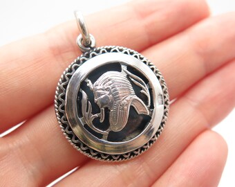 925 Sterling Silver Vintage Egyptian Pharaoh Round Pendant