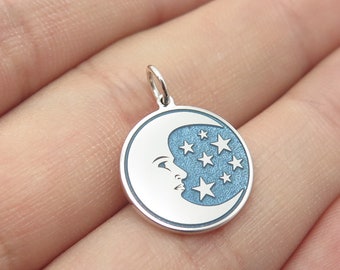 925 Sterling Silver Enamel Crescent Moon and Star Round Tag Charm Pendant