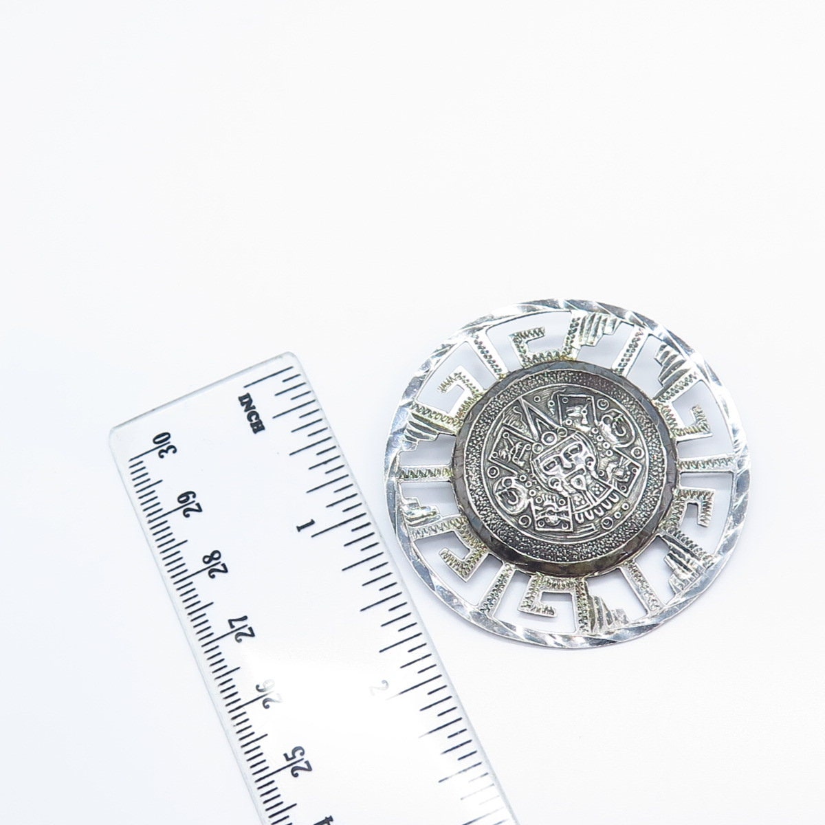 925 Sterling Silver Vintage Mexico Aztec Calendar Pin Brooch