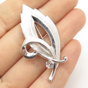 925 Sterling Silver Vintage C Z Textured Leaves Pin Brooch