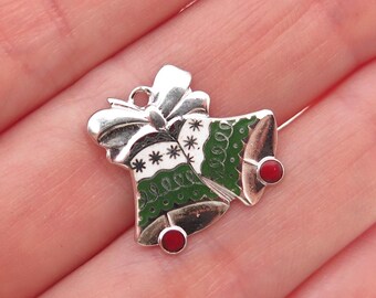 BEAU 925 Sterling Silver Vintage Enamel Christmas Bell Mini Charm Pendant