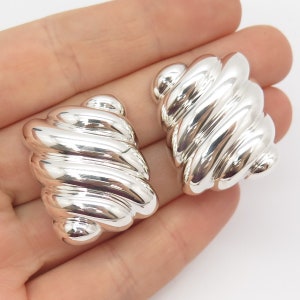 925 Sterling Silver Vintage Bayanihan Ribbed Hollow Clip On Earrings