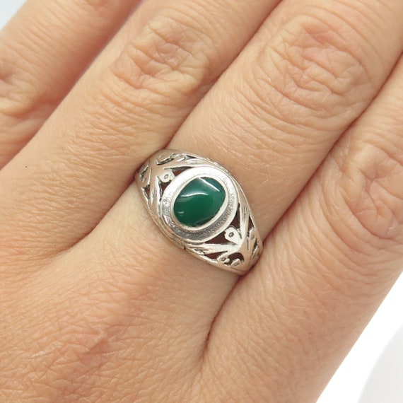 925 Sterling Silver Vintage Real Green Onyx Floral