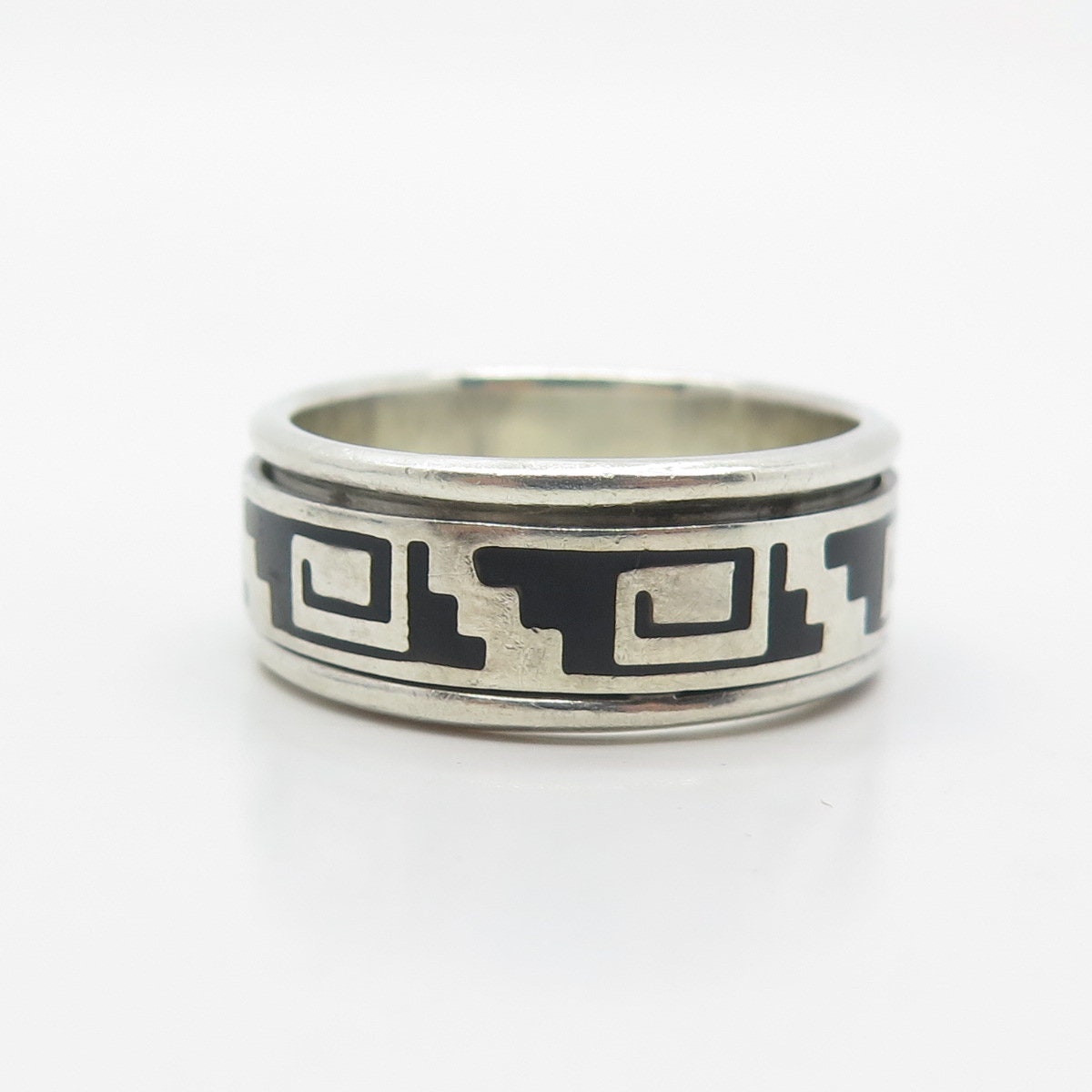 925 Sterling Silver Vintage Mexico Enamel Maze Movable Band Ring