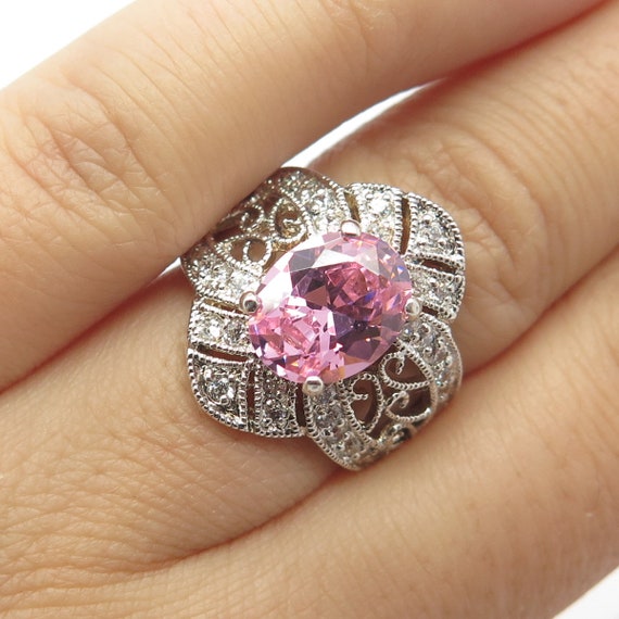 925 Sterling Silver DBJ Pink and White C Z Ornate Ring Size 6 Etsy