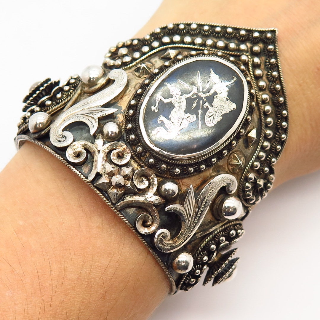 939 Silver Vintage Siam Hindu Goddess Filigree Statement Wide Cuff 