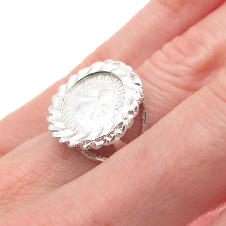 925 Sterling Silver Vintage Guardian Angel Coin Oxidized Ring Size 5.5 image 2