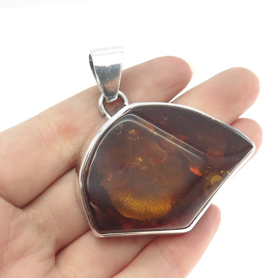 925 Sterling Silver Vintage Real Amber Modernist … - image 1