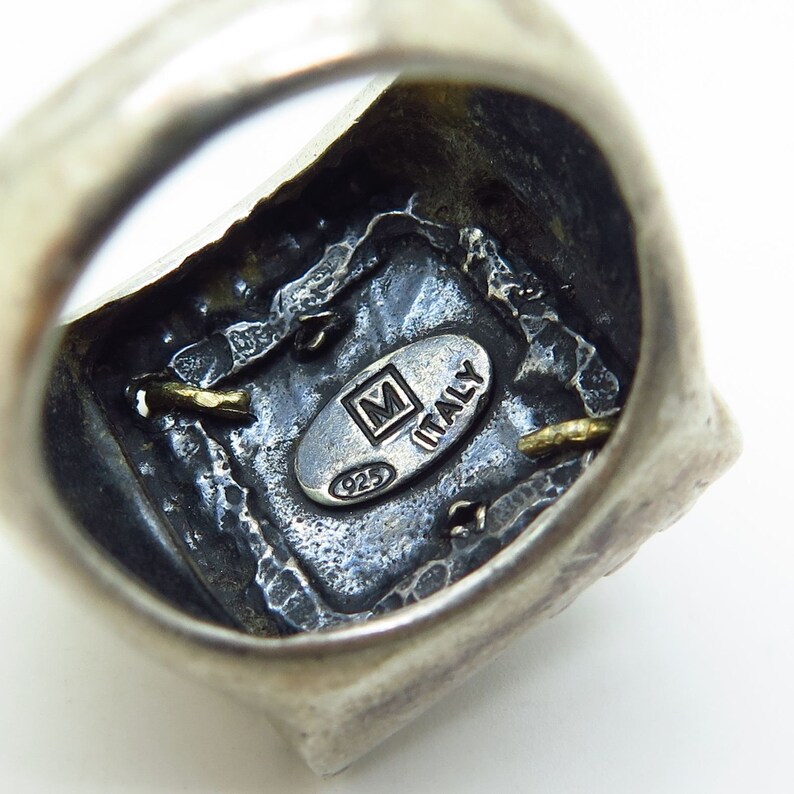 Italy Signed 925 Sterling Silver 2 Tone Real Black Onyx Gem Wide Ring Size 6 34