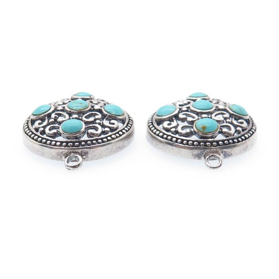 925 Sterling Silver Vintage Real Lone Mountain Turquoise Ornate Jacket Earrings View 6