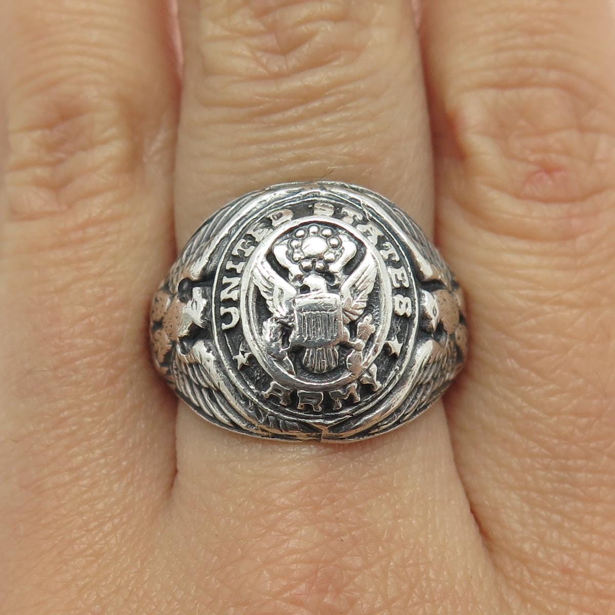925 Sterling Silver Antique WWII US Army Signet Oxidized Ring Size
