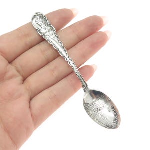 May include: Silver souvenir spoon with an image of Niagara Falls and the text "Niagara Falls" on the bowl. The handle features an ornate design with a Native American figure.