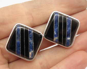 925 Sterling Silver Vintage Mexico Black Onyx and Sodalite Gem Clip On Earrings