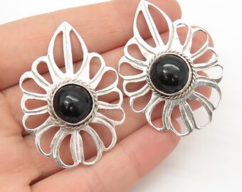 925 Sterling Silver Vintage Mexico Black Onyx Gemstone Clip On Earrings