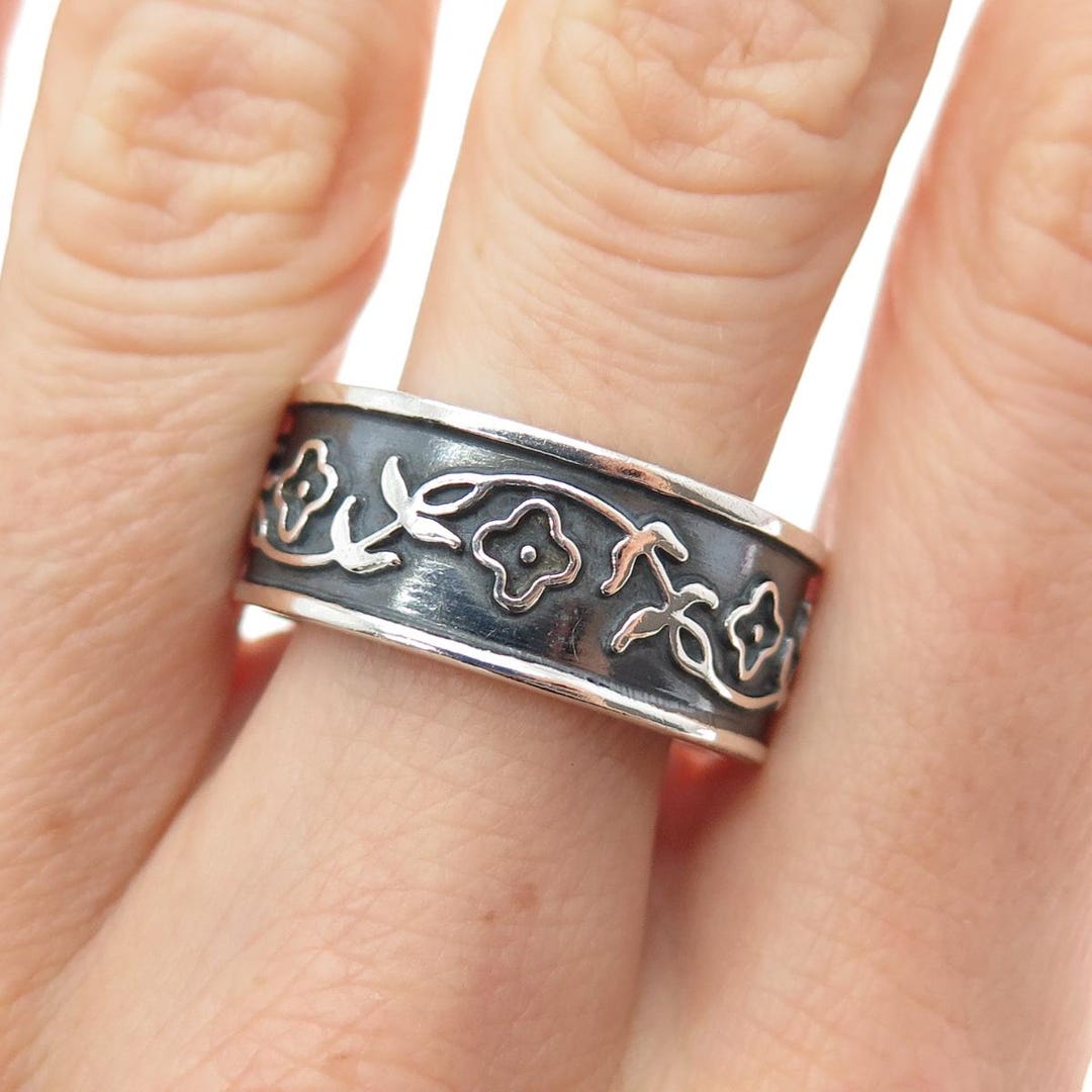 925 Sterling Silver Vintage Mexico Flower Oxidized Band Ring Size