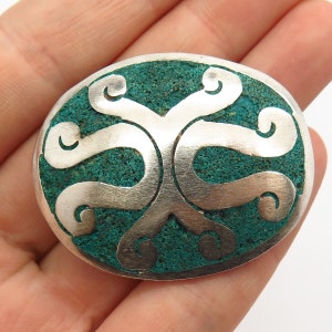 925 Sterling Silver Vintage Mexico Real Turquoise Gem Inlay Tribal Pin Brooch