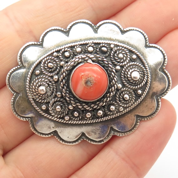 935 Silver Vintage Israel Real Coral Floral Pin Br