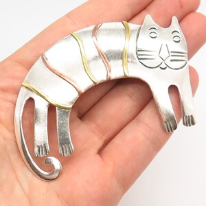 925 Sterling Silver 3-Tone Vintage Mexico Modernist Cat / Kitty Pin Brooch