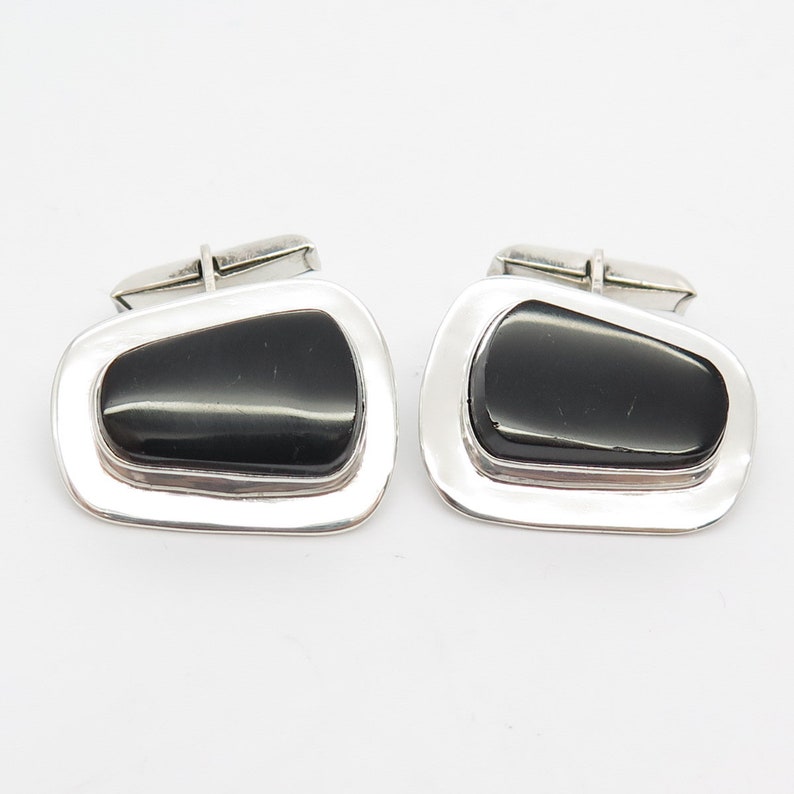 925 Sterling Silver Vintage Mexico Real Black Onyx Gemstone Cufflinks image 3