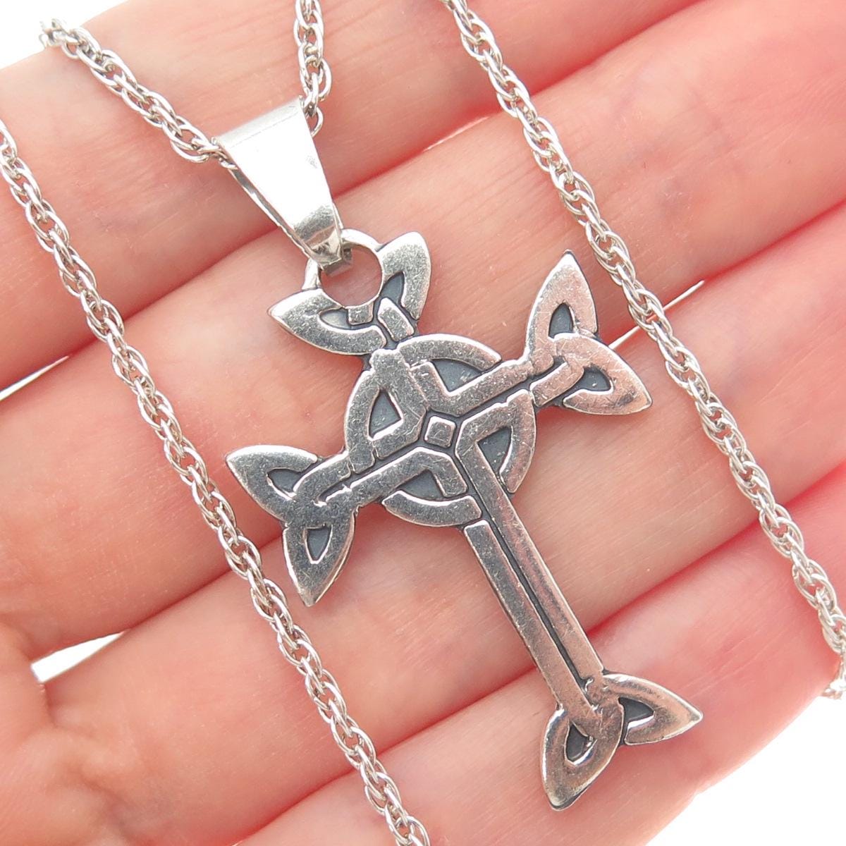 925 Sterling Silver Vintage Oxidized Celtic Cross Singapore Chain