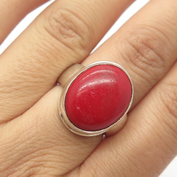 925 Sterling Silver Vintage Real Coral Ring Size … - image 1