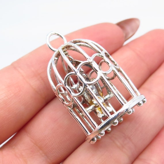 925 Sterling Silver Vintage Bird and Cage Pendant