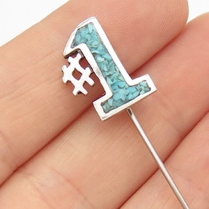 925 Sterling Silver Vintage Real Turquoise Gem Inlay &quot;Number #1&quot; Lapel Pin