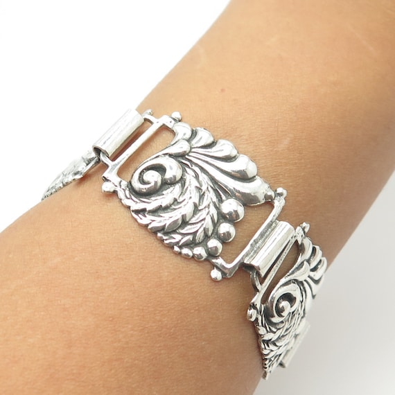 925 Sterling Silver Vintage Victorian Floral Panel Link Bracelet 7