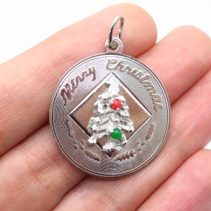 925 Sterling Silver Vintage Real Coral and Green Glass "Merry Christmas" Pendant
