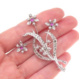 835 Silver Antique Art Deco Lab-Created Ruby & Real Marcasite Floral Pin Brooch
