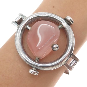 925 Sterling Silver Vintage RP Poland Real Rose Quartz Modernist Bracelet 6.25&quot;