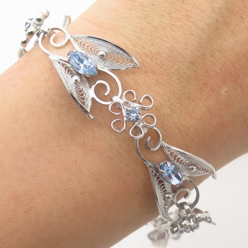 Vtg 925 Sterling Silver Crystal Filigree Floral Link Bracelet 6.5