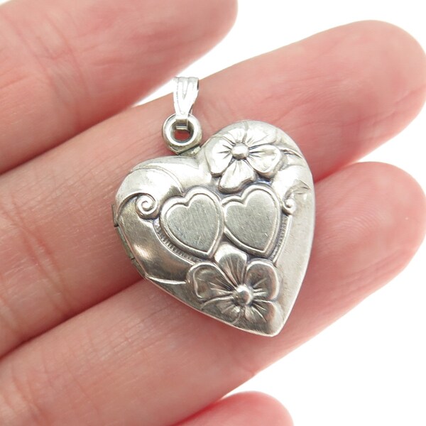 TRU KAY 925 Sterling Silver Vintage Forget Me Not Flower Heart Locket Pendant