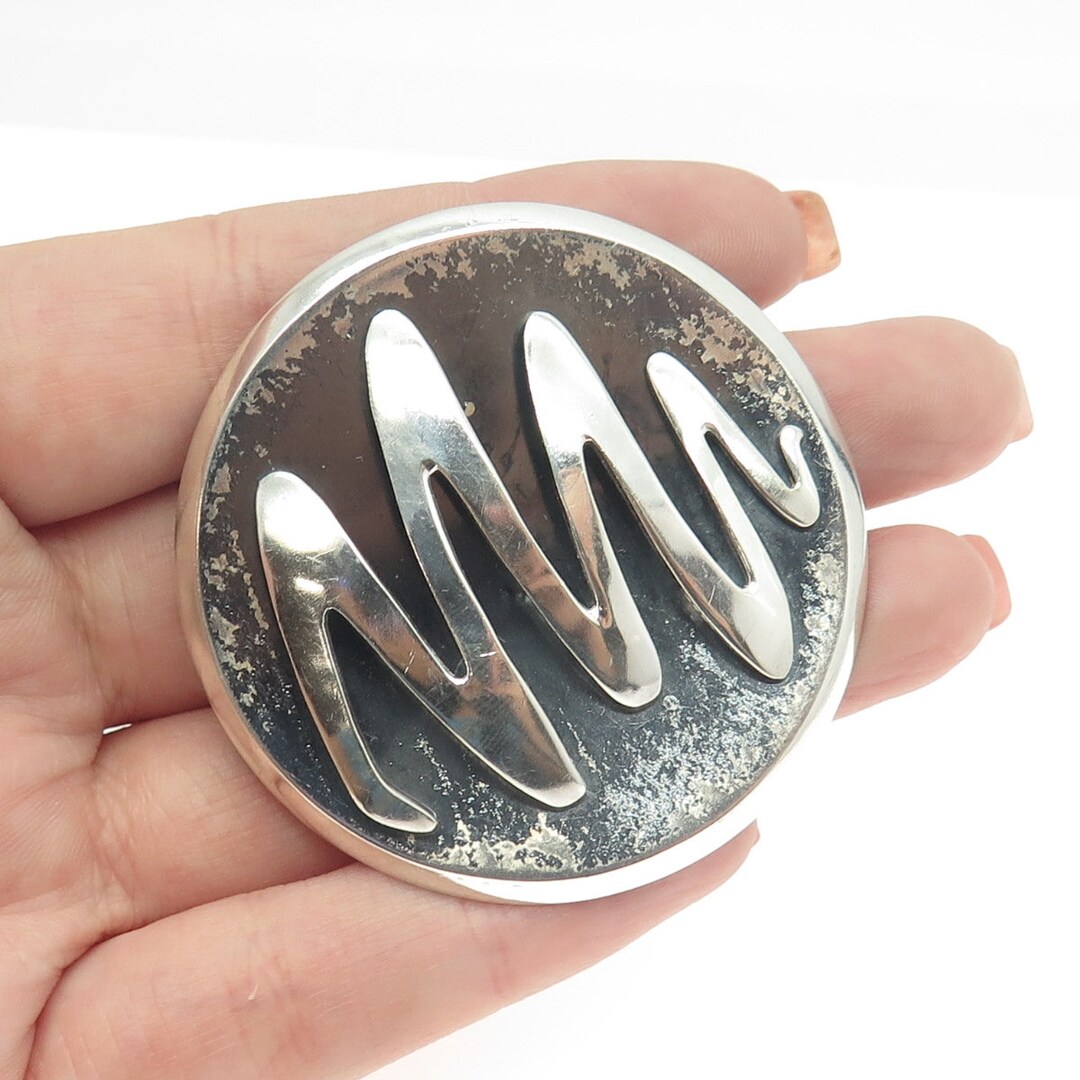 925 Sterling Silver Vintage Mexico Modernist Zig-zag Round 925 Sterling Silver Vintage Mexico Modernist Zig-zag Round