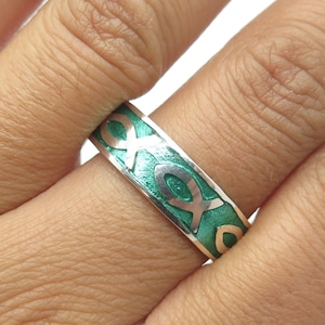 925 Sterling Silver Enamel Ichthys Fish Band Ring Size 13.5